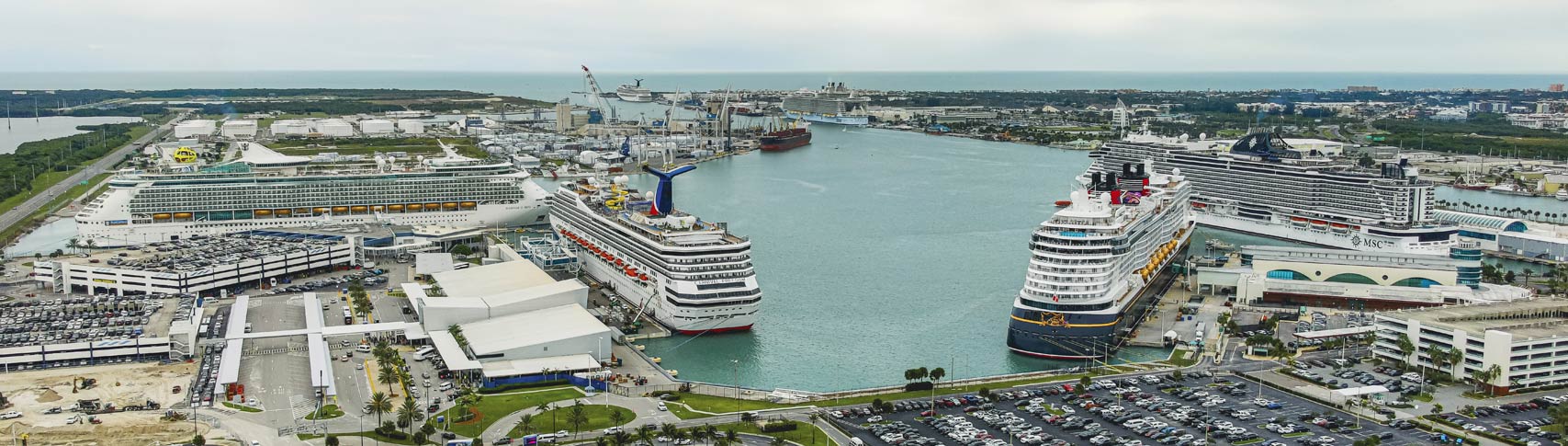 Aerial view of Port Canaveral Cruise Ships looking south east