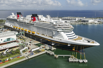 Aerial image of Disney Treasure berthed at Port Canaveral