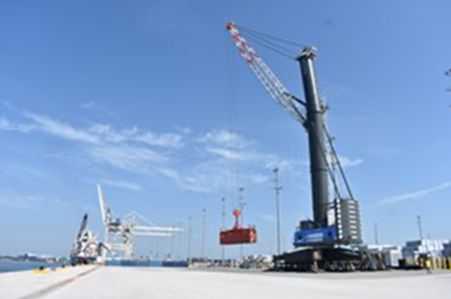 A large container ship is securely docked at a bustling port, ready for loading and unloading operations.