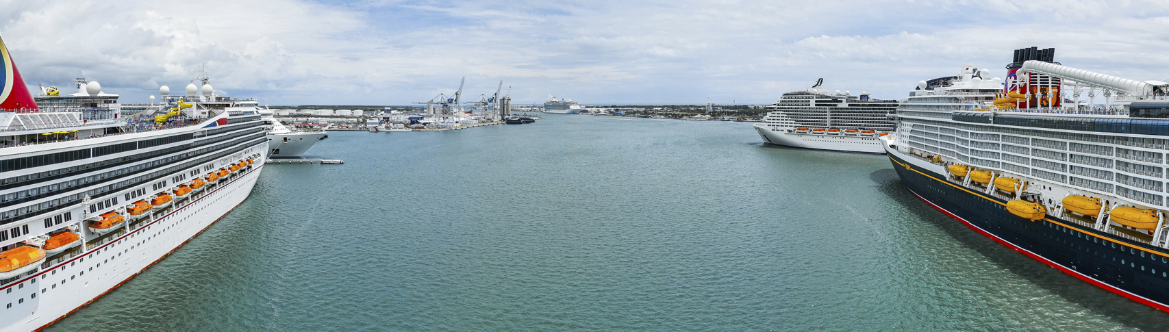 Low perspective of cruise ships at Port Canaveral