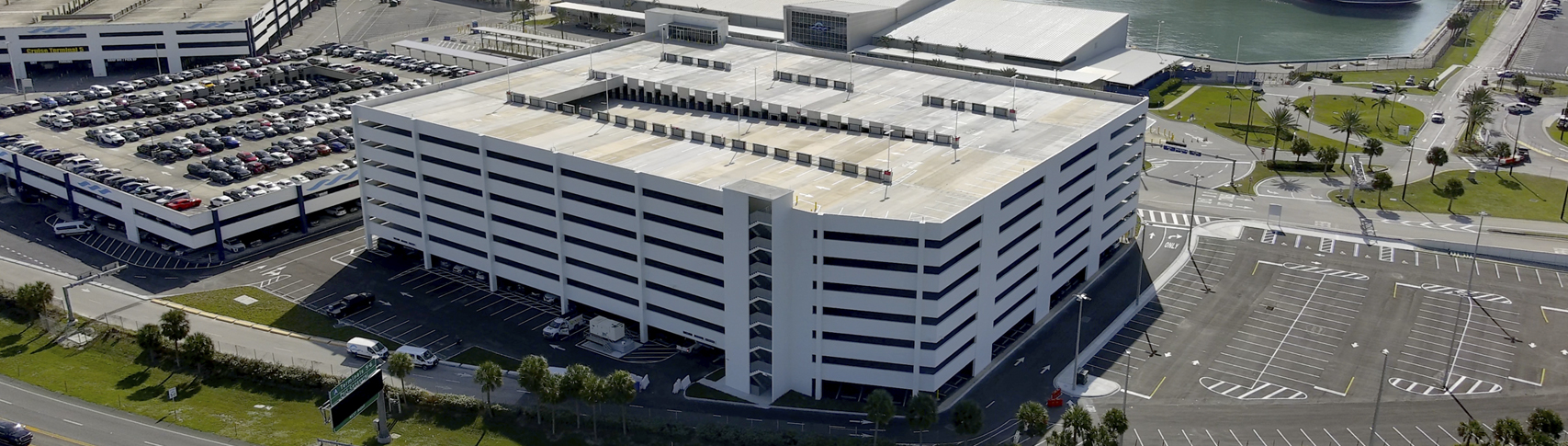 Aerial view of Cruise Terminal 6 parking garage at Port Canaveral