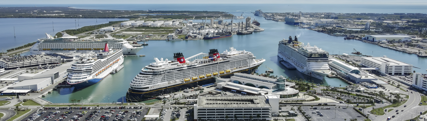 Drone image of a 6-ship day at Port Canaveral