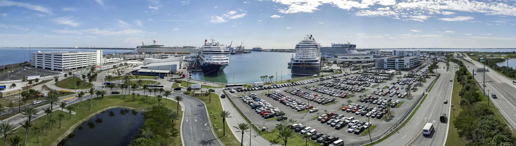 Drone image of a 6-ship day at Port Canaveral