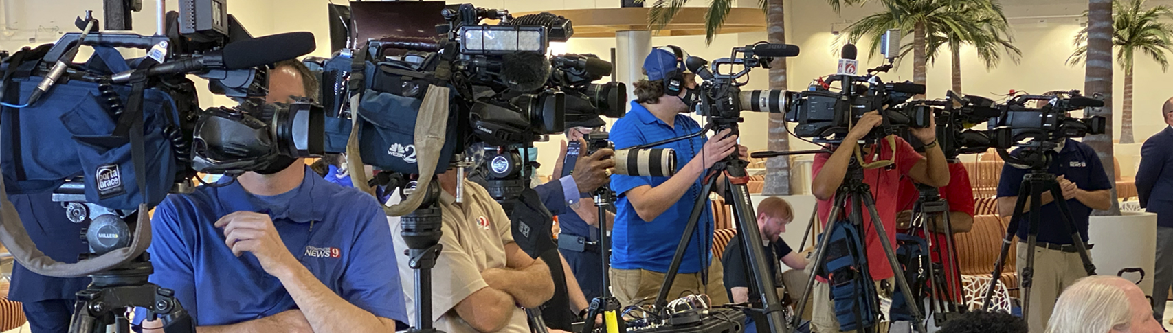 Row of cameras and media setup at Cruise Terminal 3