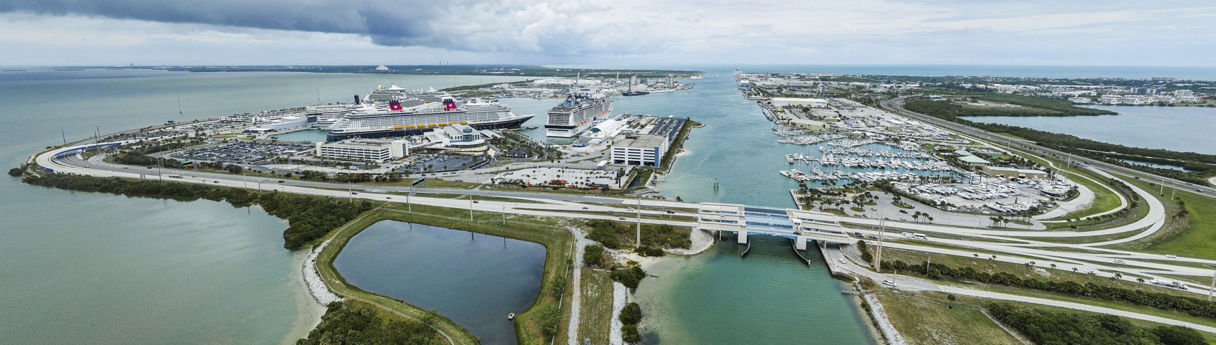 Wide aerial view of Port Canaveral looking east