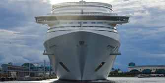 Looking up at a cruise ship