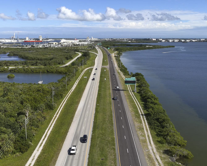 Aerial view looking east of 528 into Port Canaveral